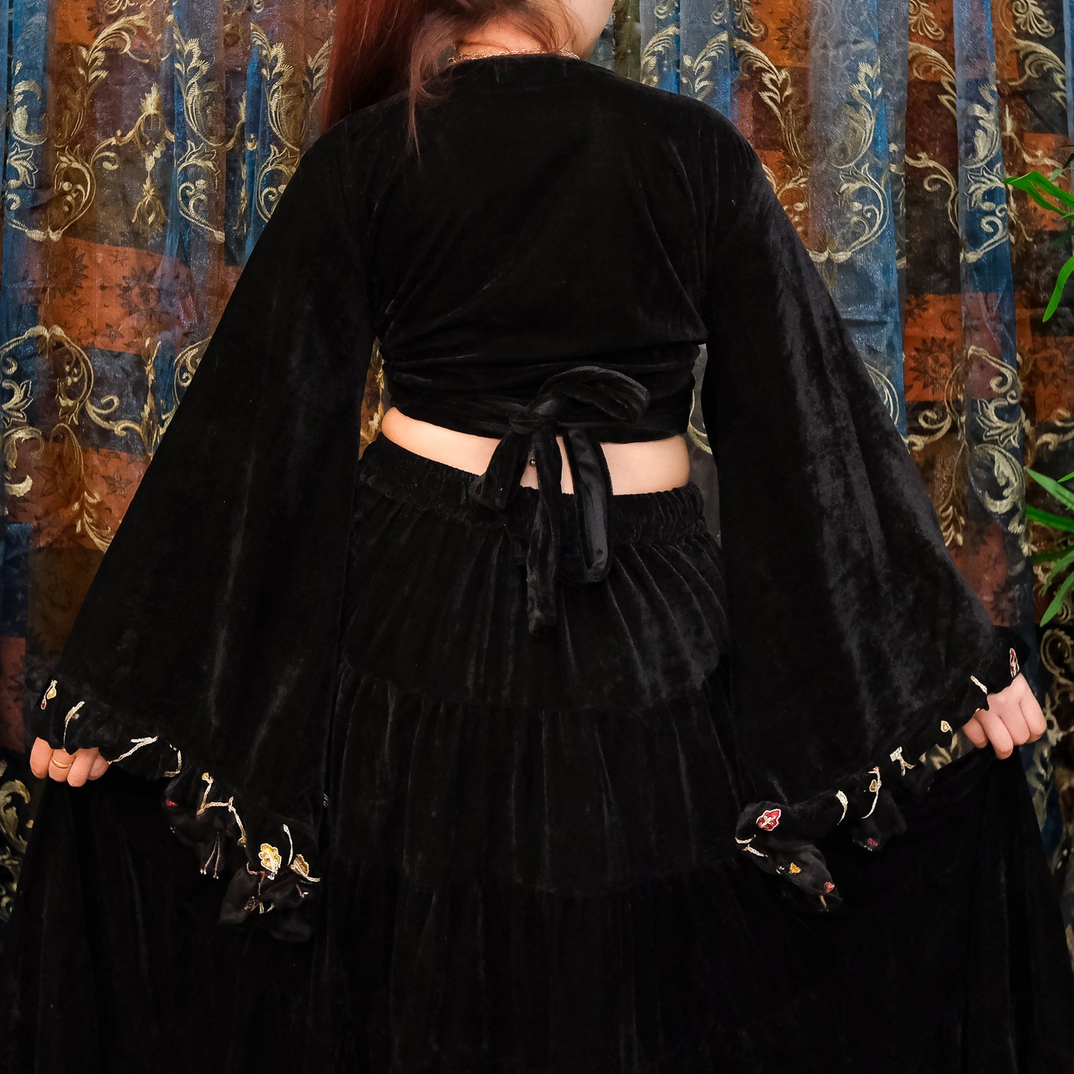 Velvet Hand Embroidery Wrap Top with Ruffle Sleeve