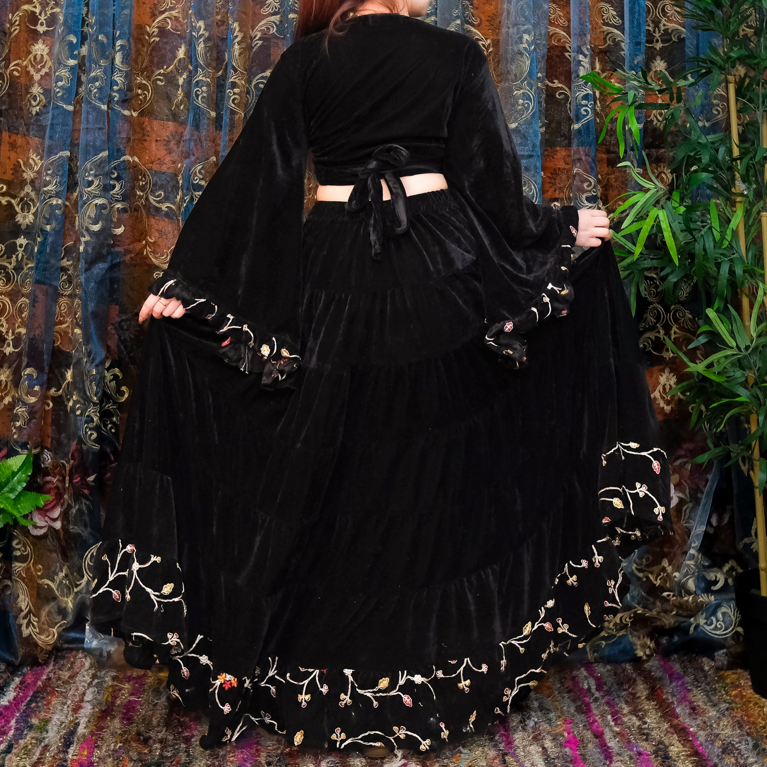 Flowy Velvet Embroidery Skirt with Ruffle Sleeve Top