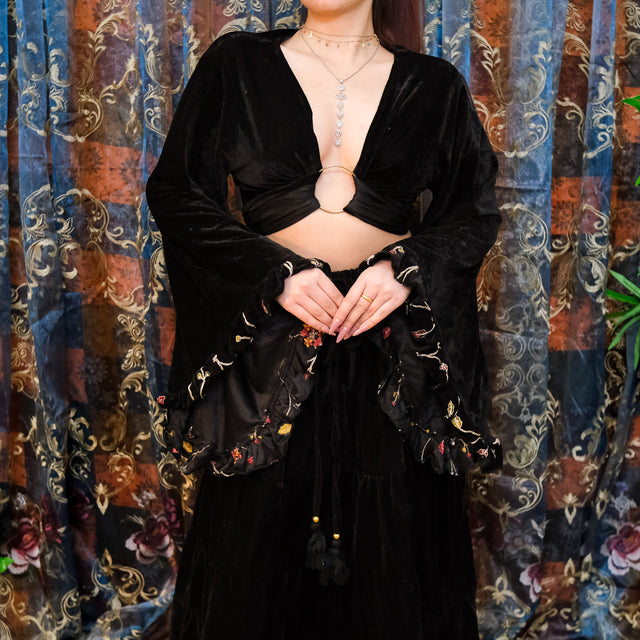 Velvet Hand Embroidery Wrap Top with Ruffle Sleeve