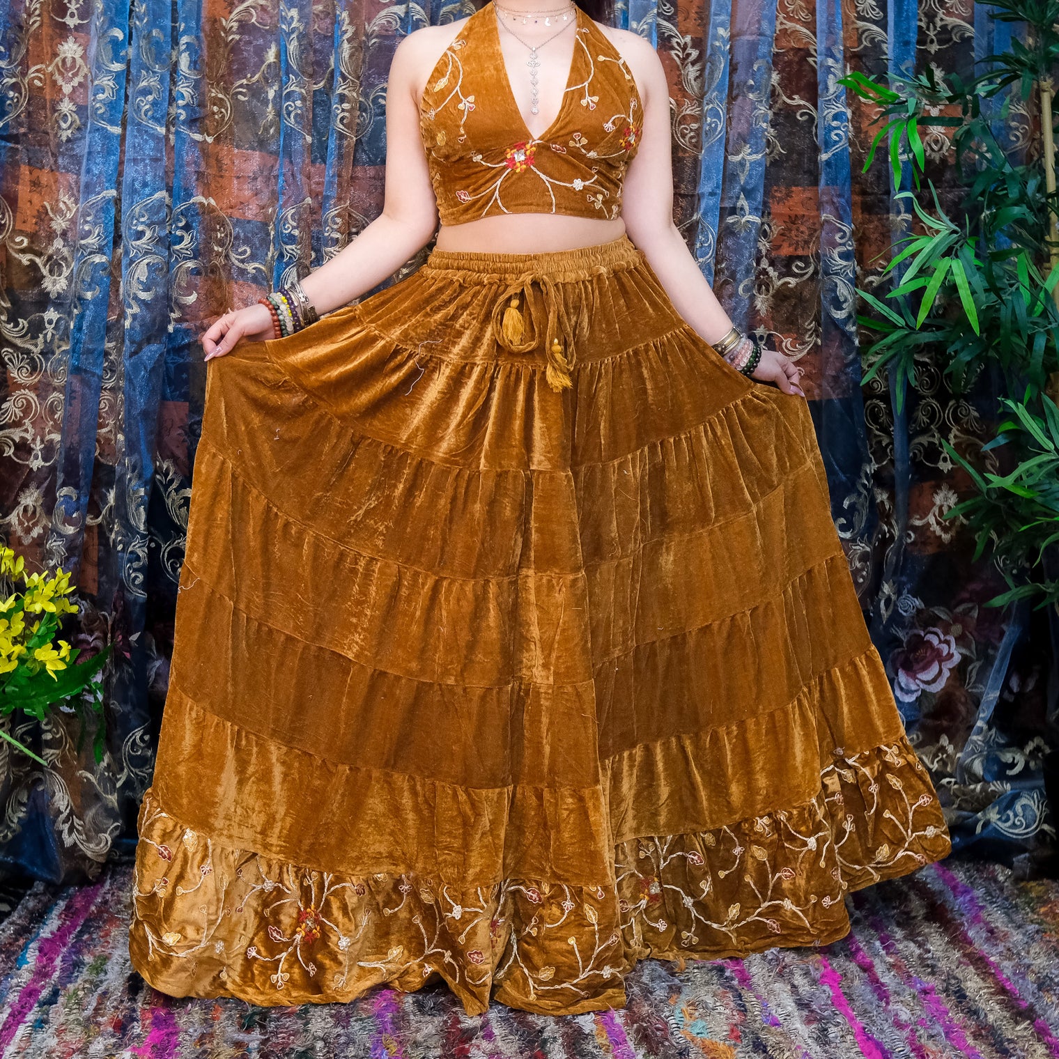 Velvet Boho Flowy Embroidery Skirt and Top