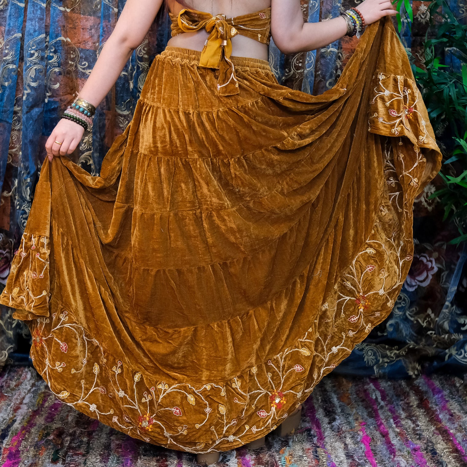 Velvet Boho Flowy Embroidery Skirt and Top