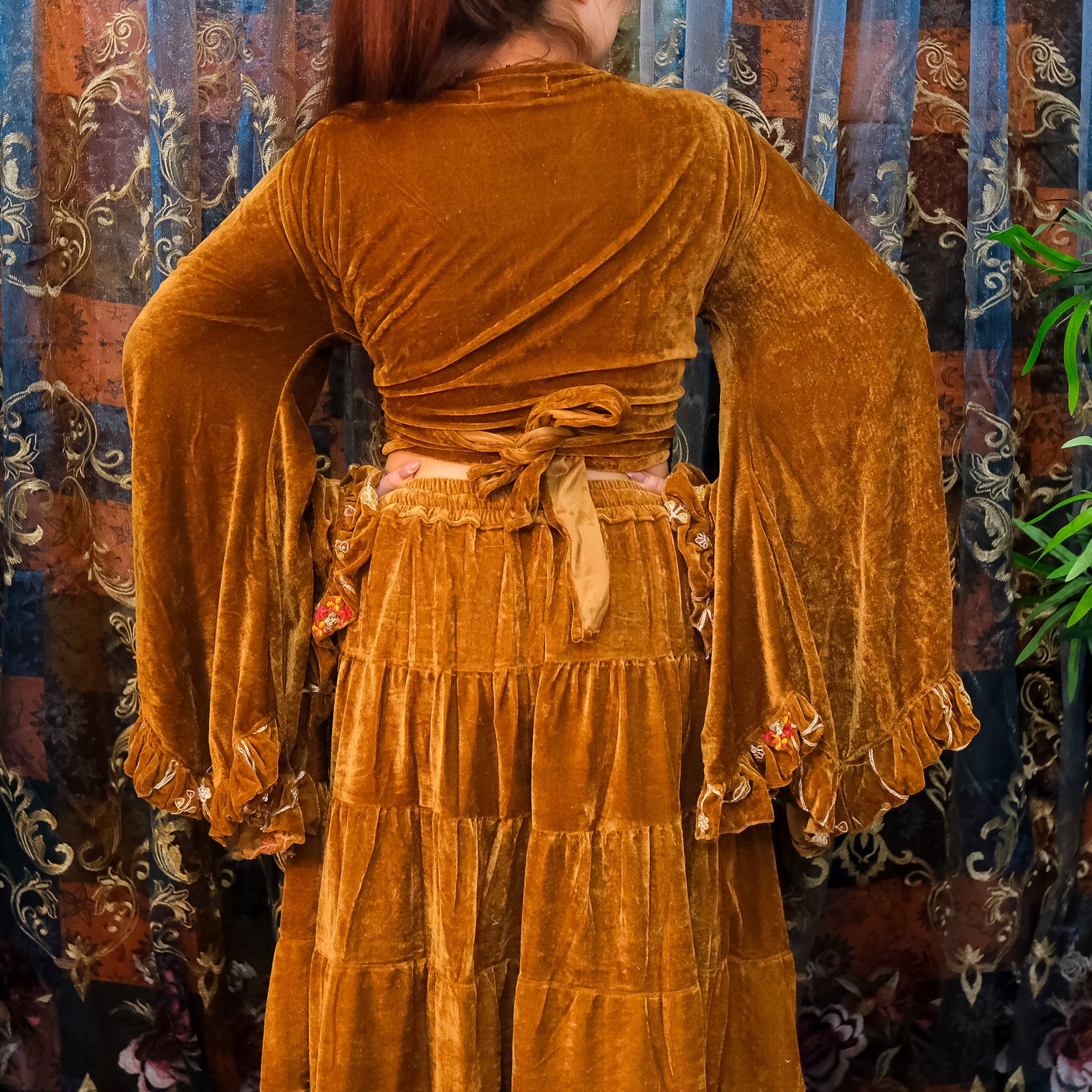 Velvet Hand Embroidery Wrap Top with Ruffle Sleeve