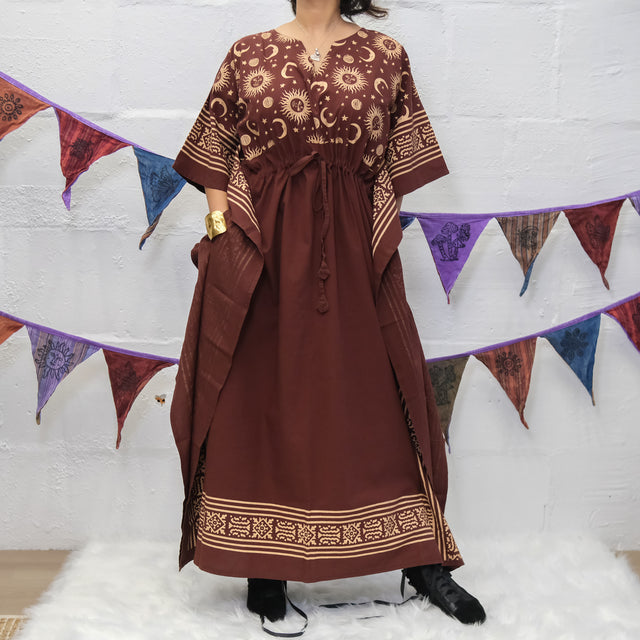 Celestial Sun & Moon Hamsa Kaftan Maxi Dress with Pockets