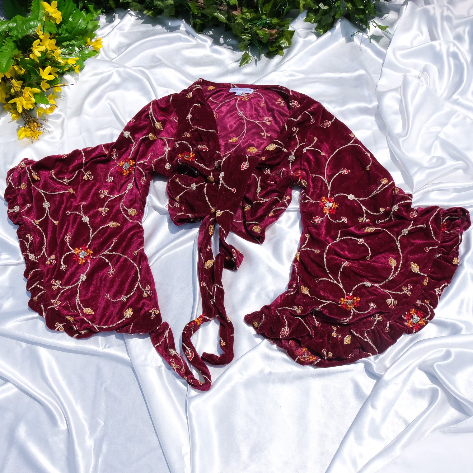 Emerald Whimsy Velvet Hand Embroidered Wrap Top