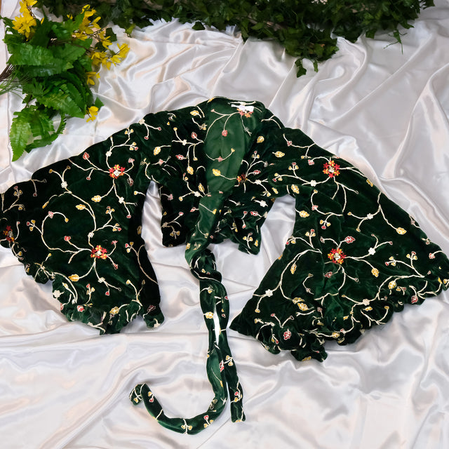 Emerald Whimsy Velvet Hand Embroidered Wrap Top