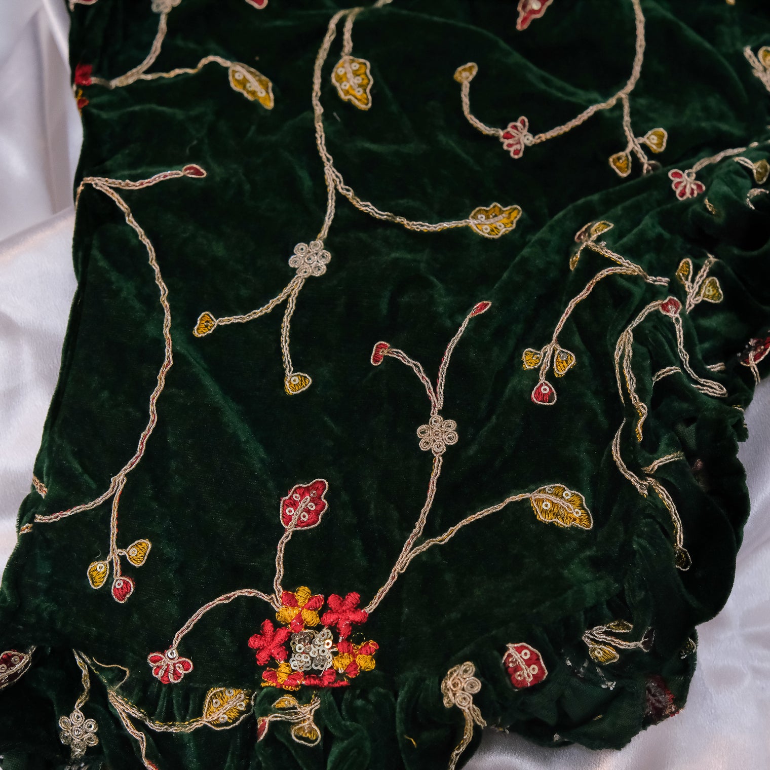 Emerald Whimsy Velvet Hand Embroidered Wrap Top