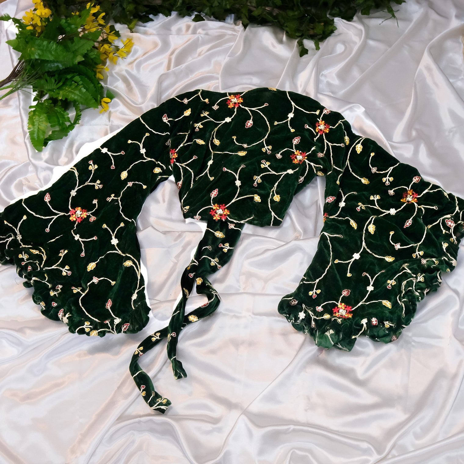 Emerald Whimsy Velvet Hand Embroidered Wrap Top