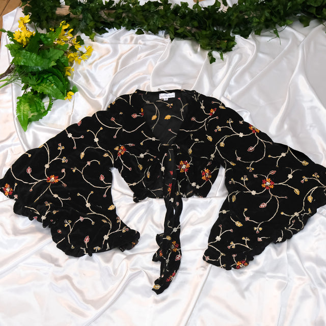 Emerald Whimsy Velvet Hand Embroidered Wrap Top