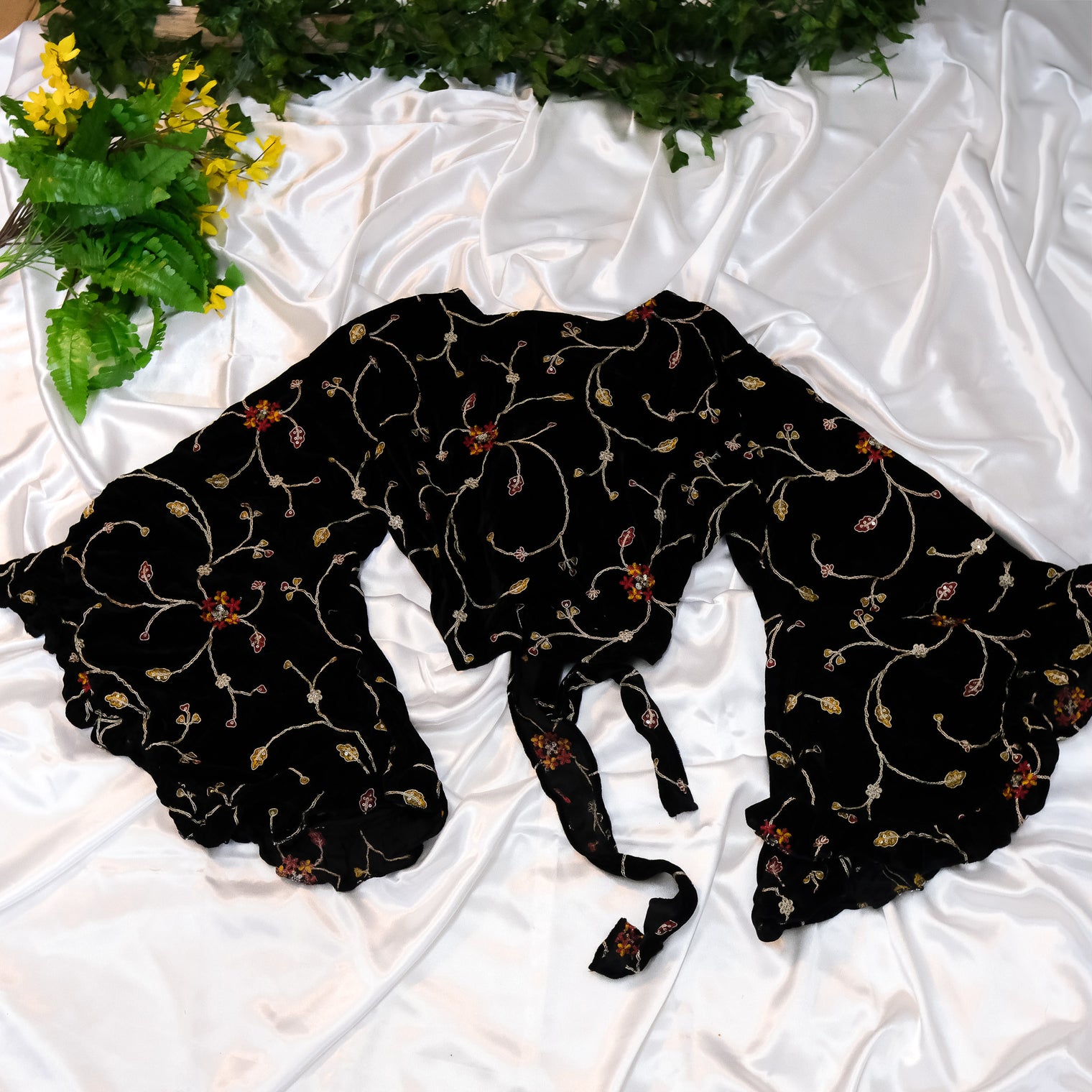 Emerald Whimsy Velvet Hand Embroidered Wrap Top