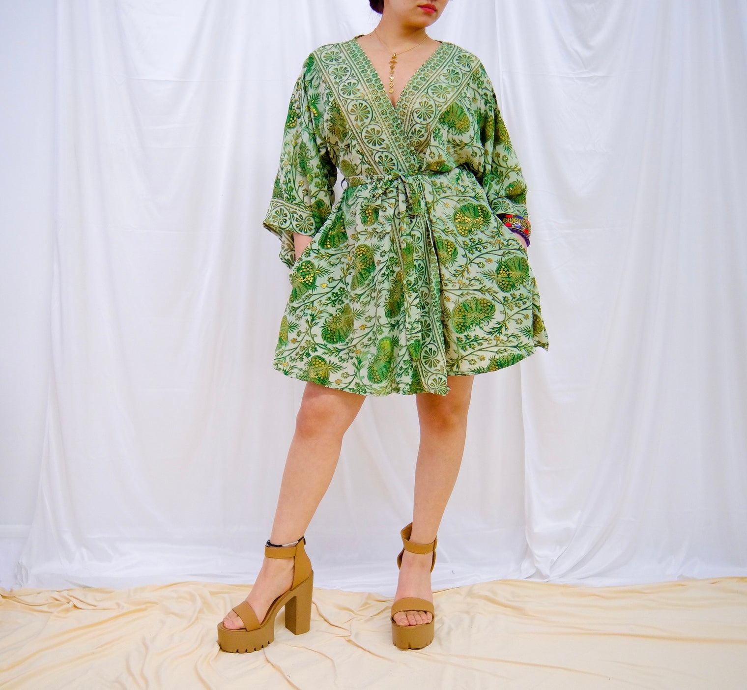 Recycled Boho Silk Short Kimono with Pockets