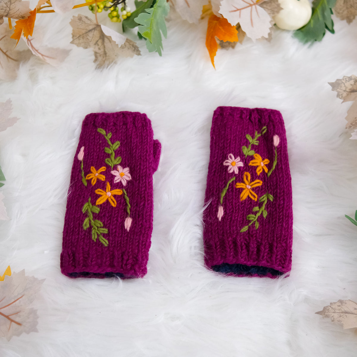 Floral Embroidered Knitted Winter Handwarmer