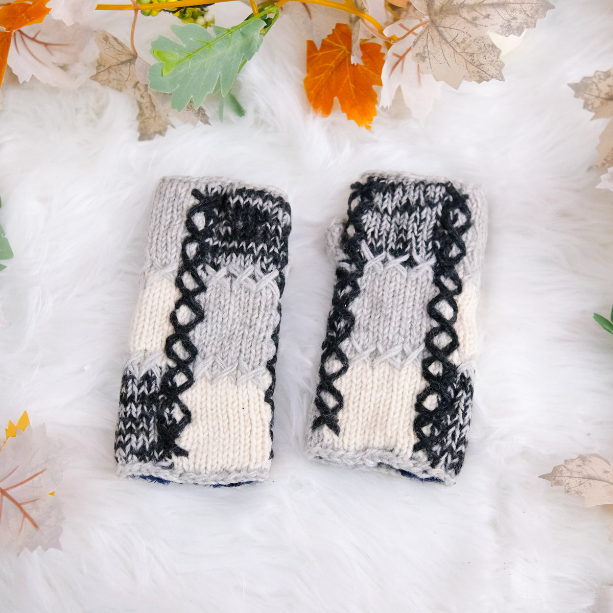 Hand Knit Patch Handwarmers with Fleece Lining
