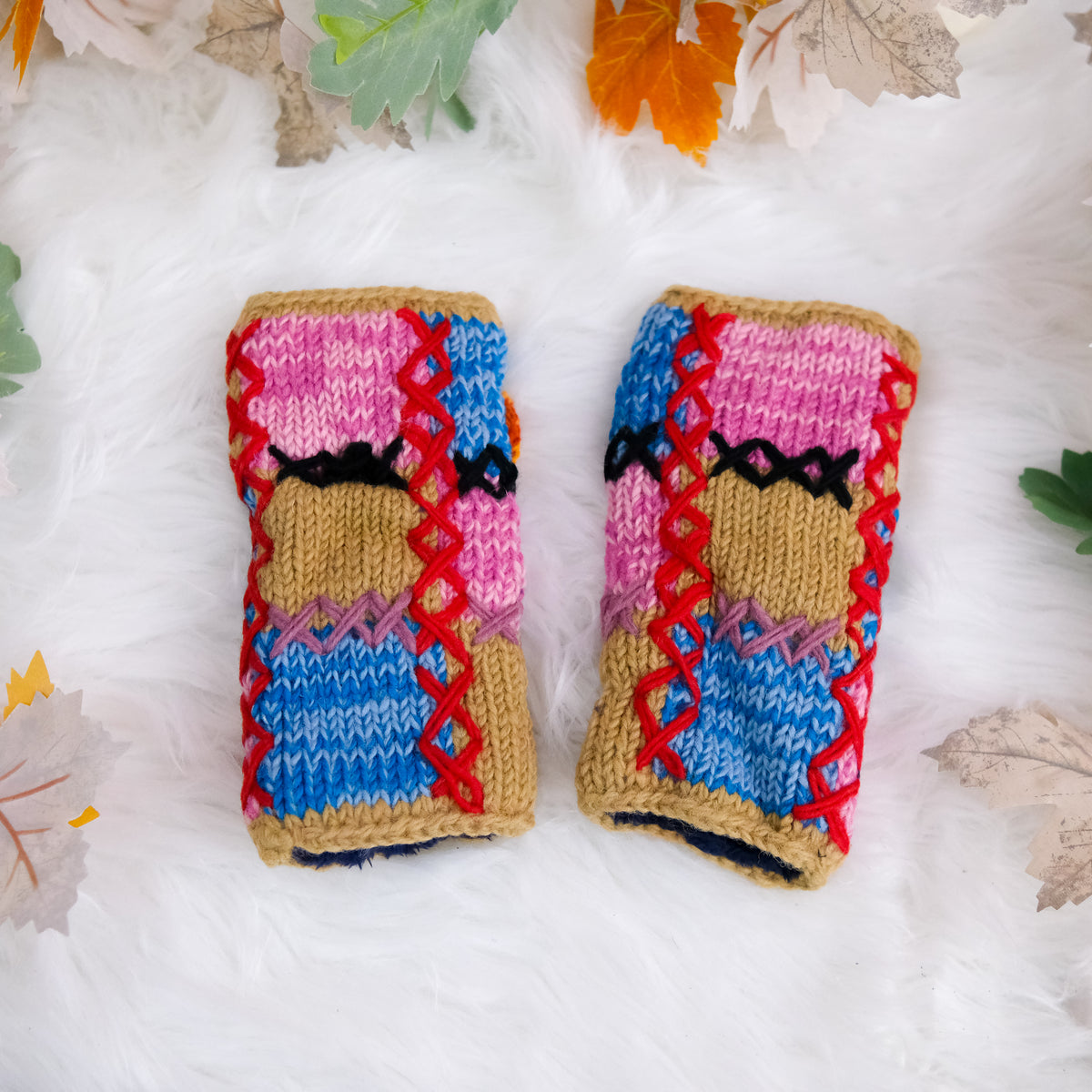 Hand Knit Patch Handwarmers with Fleece Lining