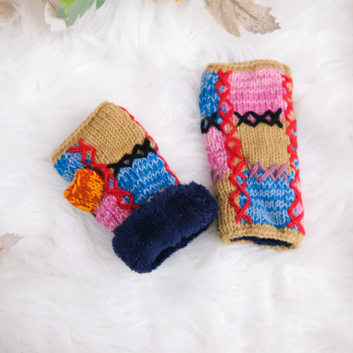 Hand Knit Patch Handwarmers with Fleece Lining