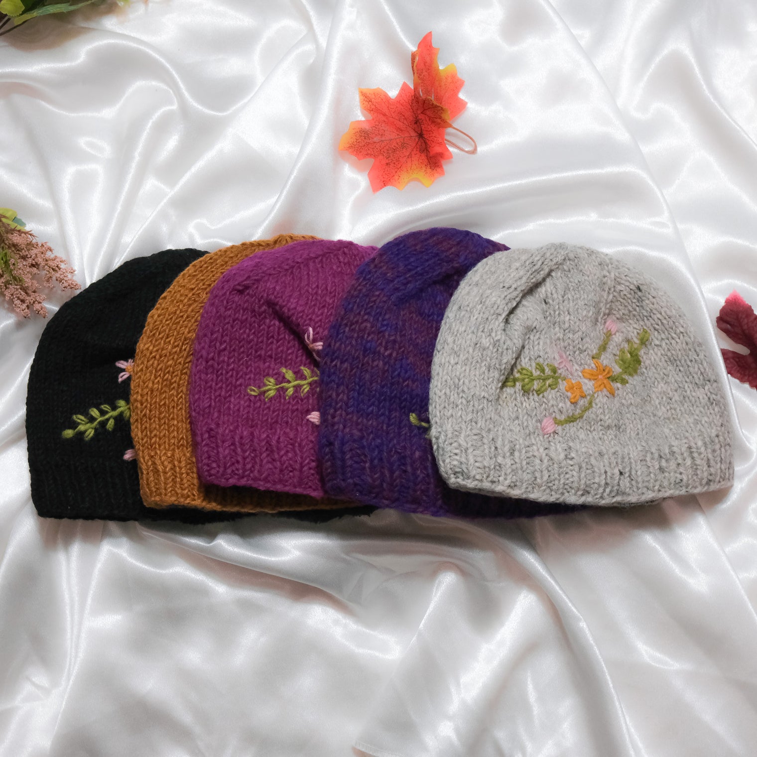 Knitted Floral Embroidery Beanie