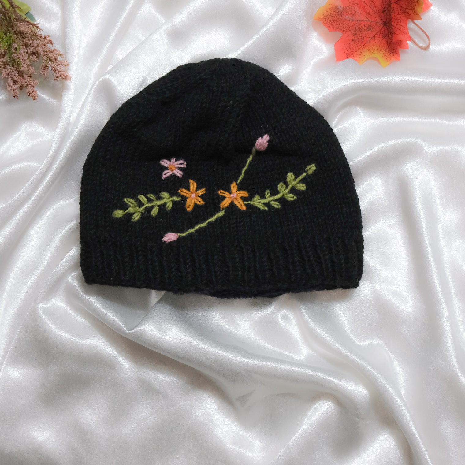 Knitted Floral Embroidery Beanie