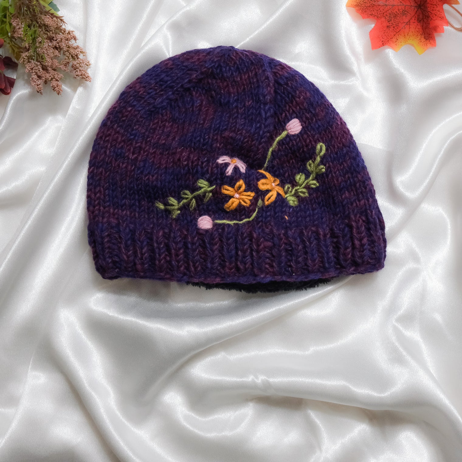 Knitted Floral Embroidery Beanie