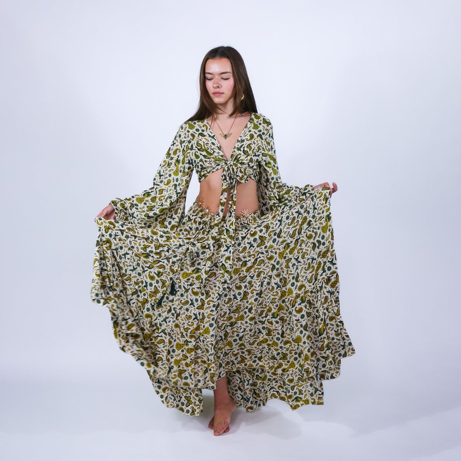 Wanderer Aviary Flowy Skirt and Ruffle Sleeve Top