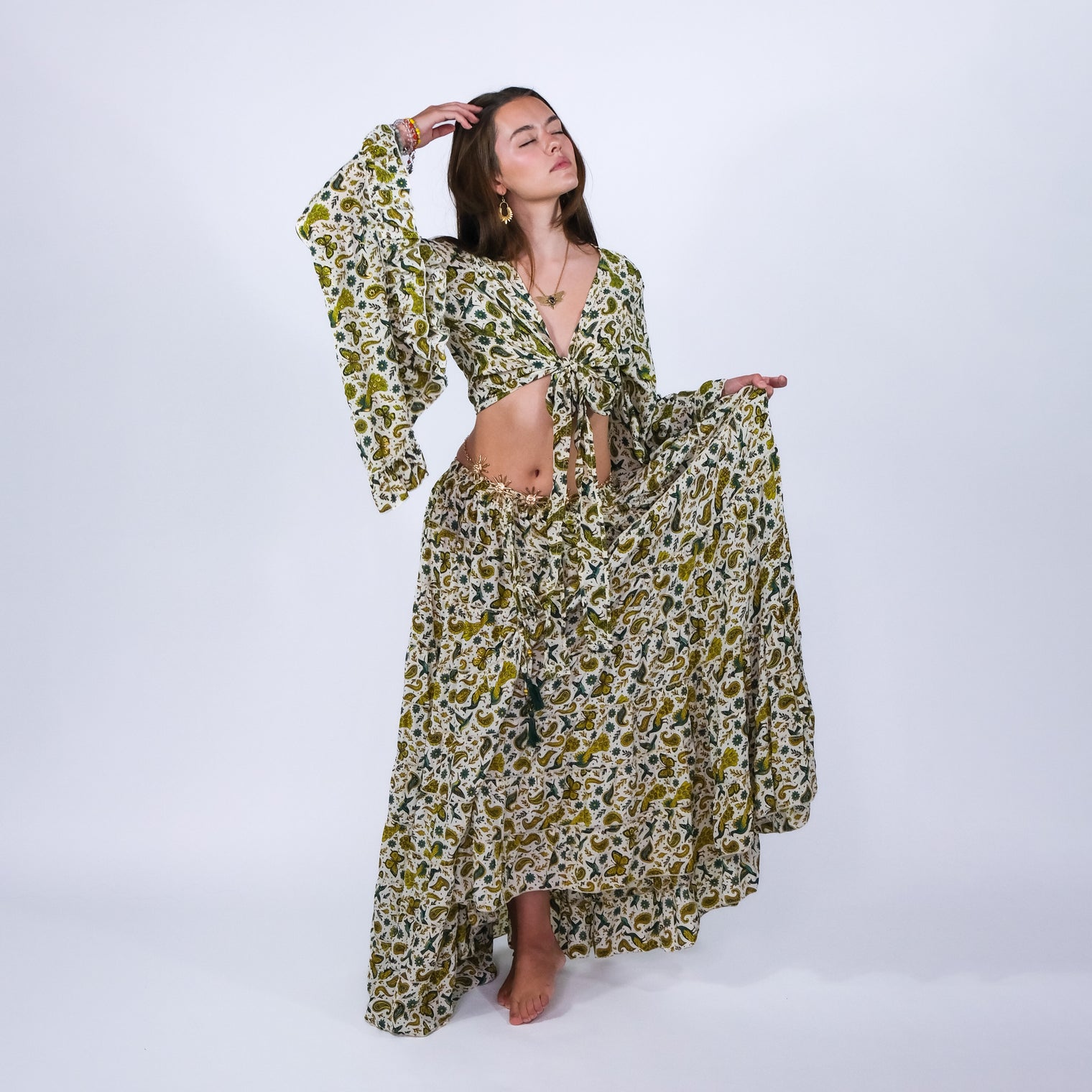 Wanderer Aviary Flowy Skirt and Ruffle Sleeve Top