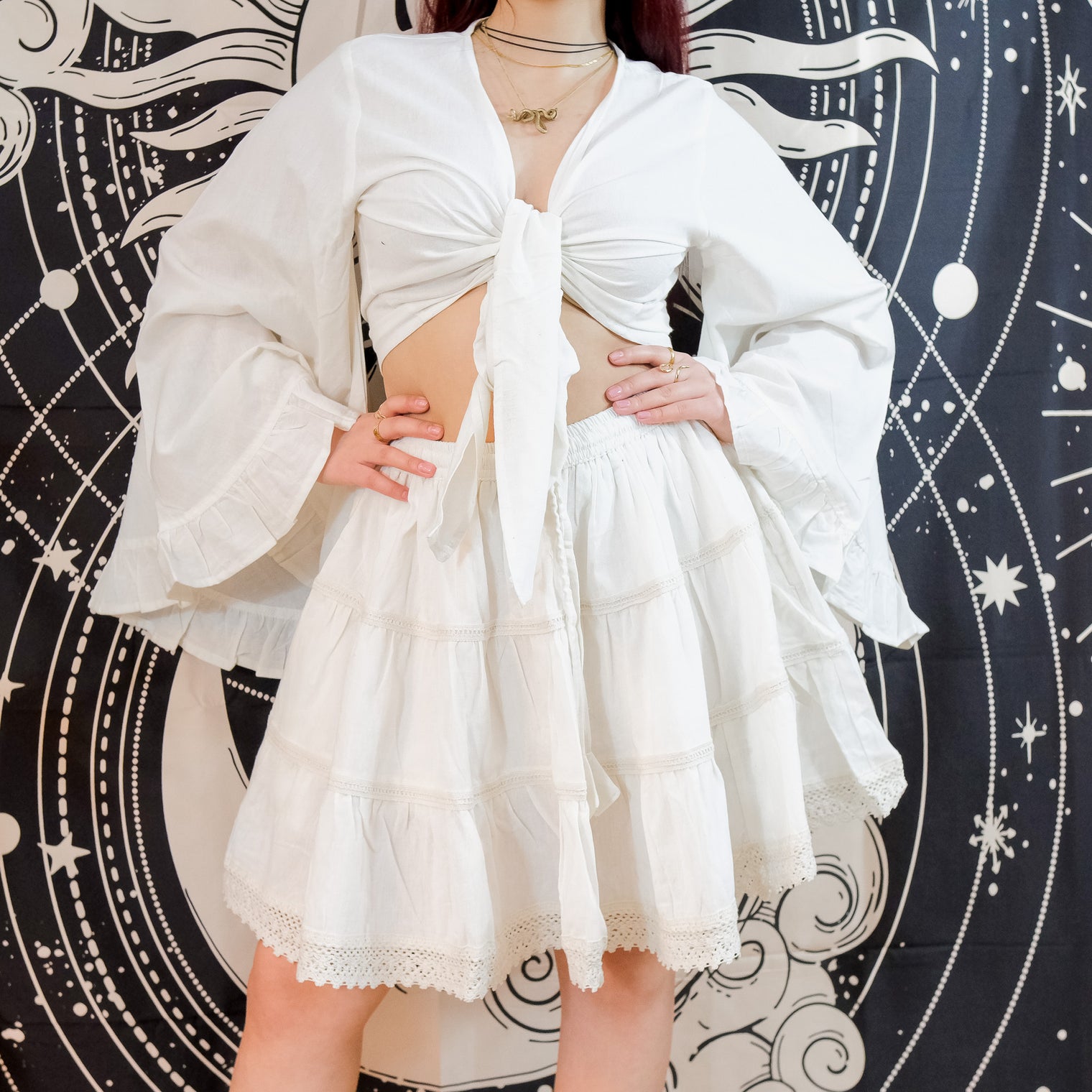 Lace Meadow Mini Skirt with Ruffle Sleeve Top