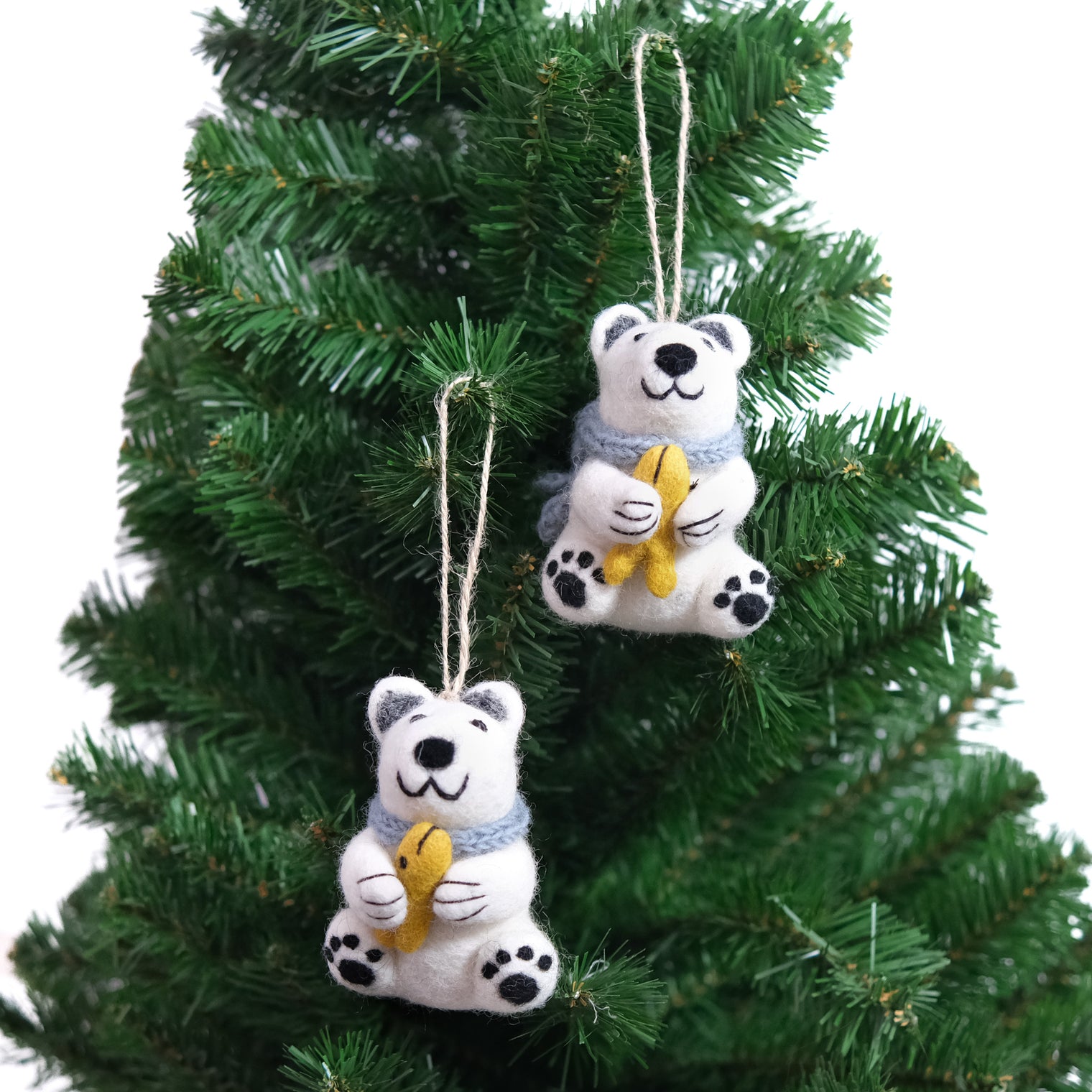 Handmade Felt Polar Bear Ornament with Fish