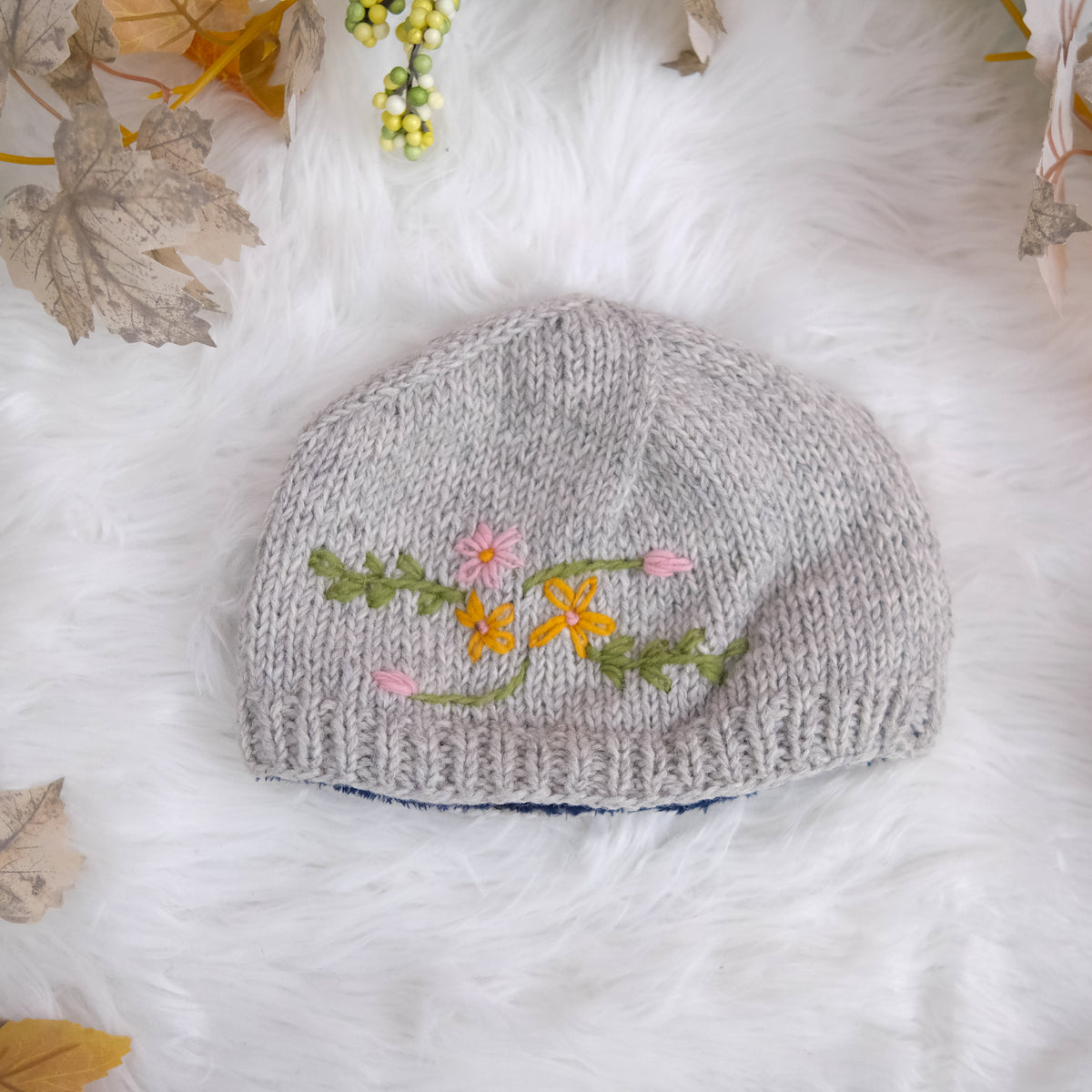 Knitted Floral Embroidery Beanie