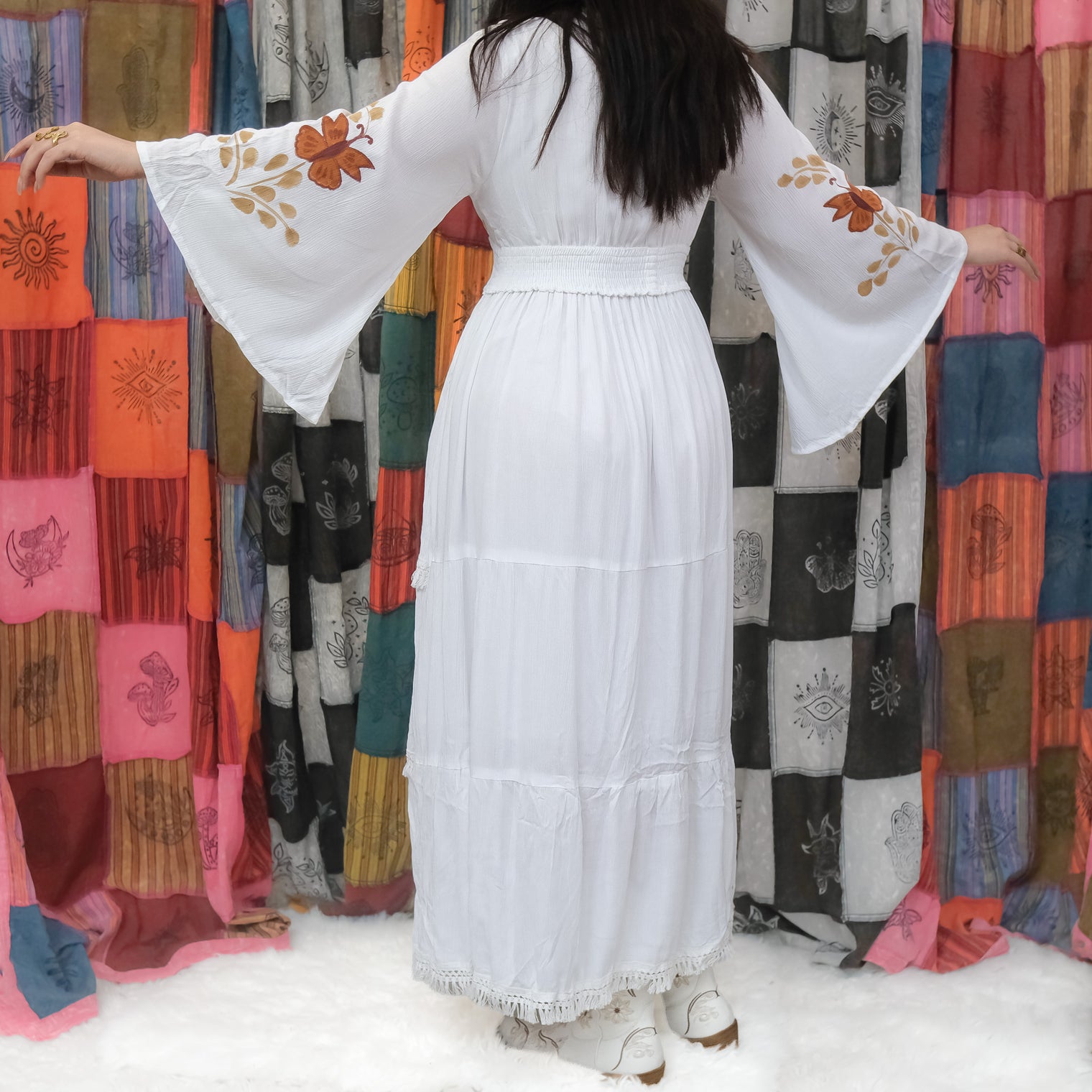 Hand Painted Butterfly Tiered Maxi Dress with Bell Sleeves