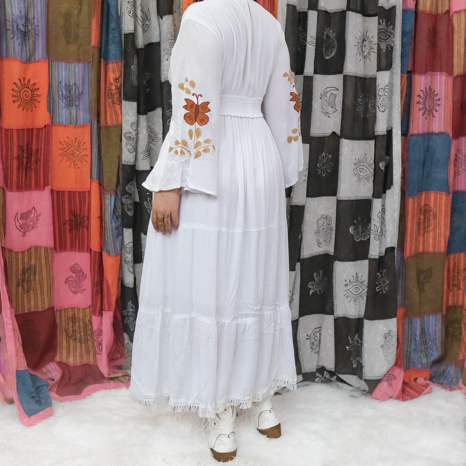 Hand Painted Butterfly Tiered Maxi Dress with Bell Sleeves