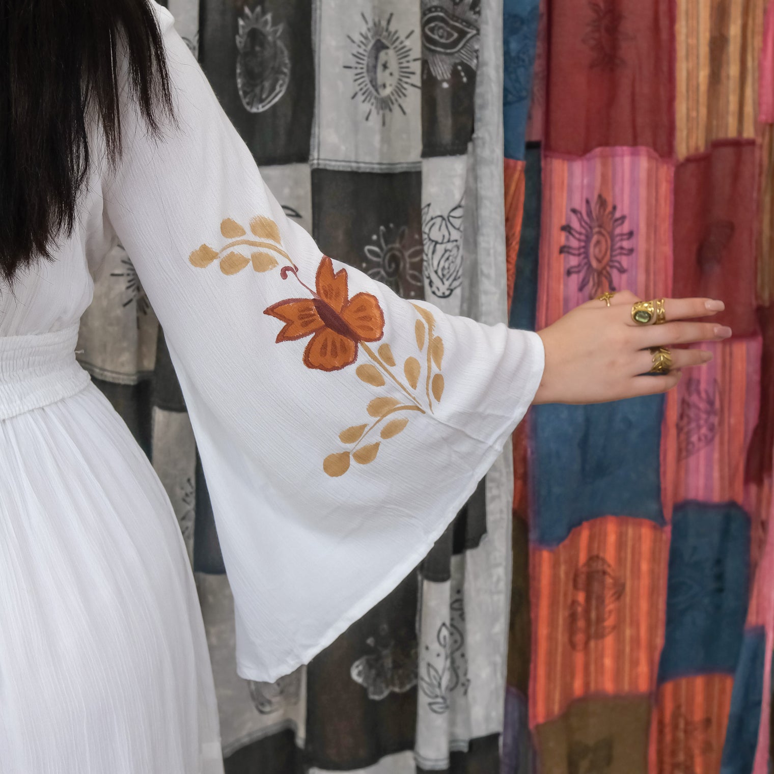 Hand Painted Butterfly Tiered Maxi Dress with Bell Sleeves