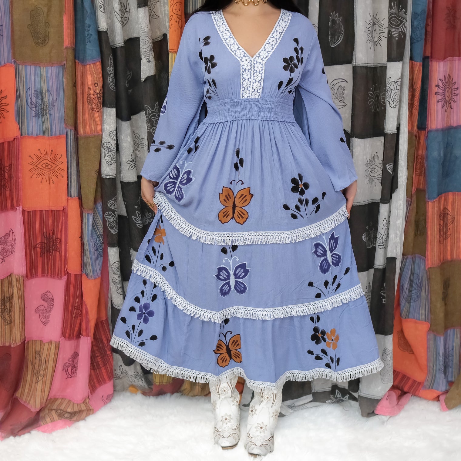 Hand Painted Butterfly Tiered Maxi Dress with Bell Sleeves