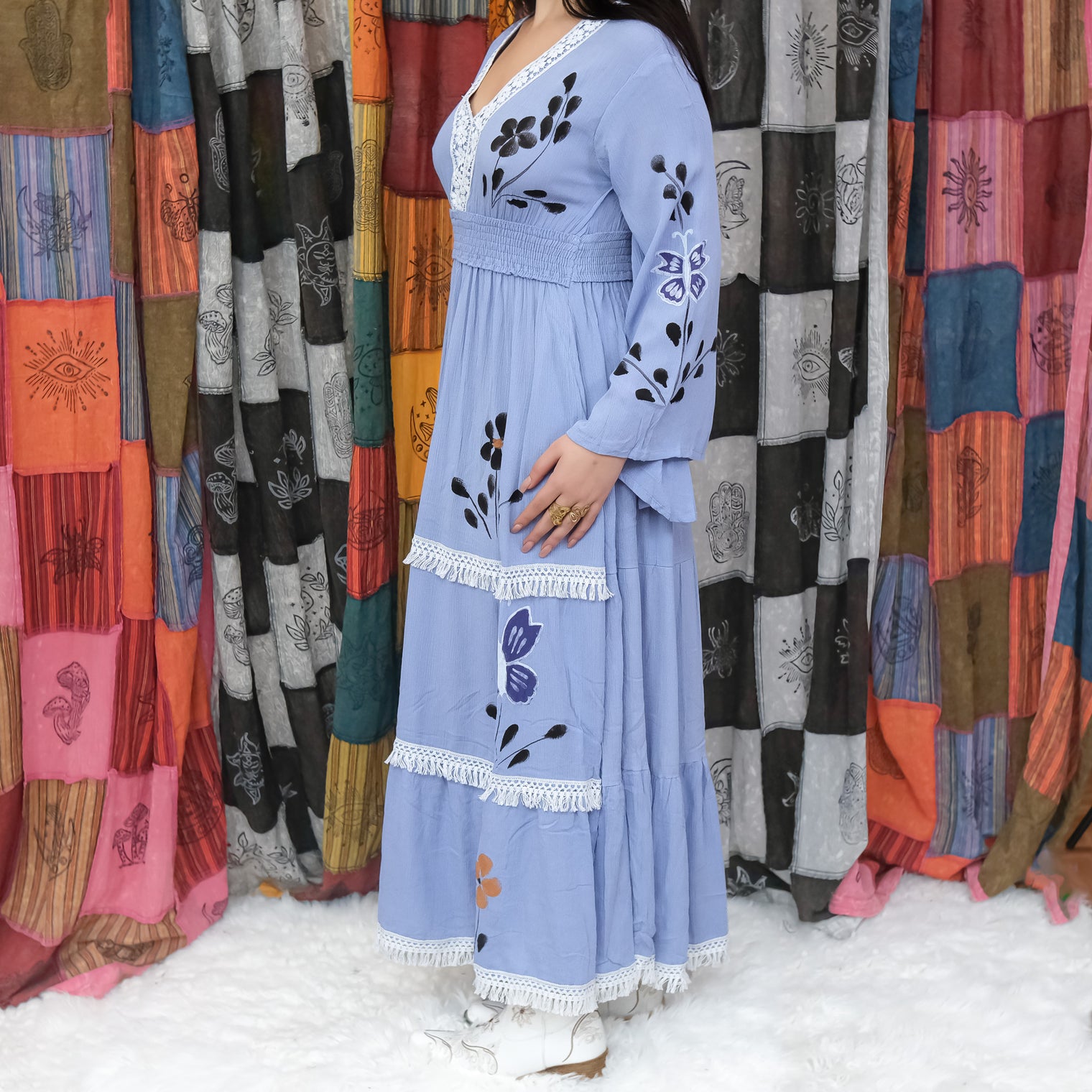 Hand Painted Butterfly Tiered Maxi Dress with Bell Sleeves
