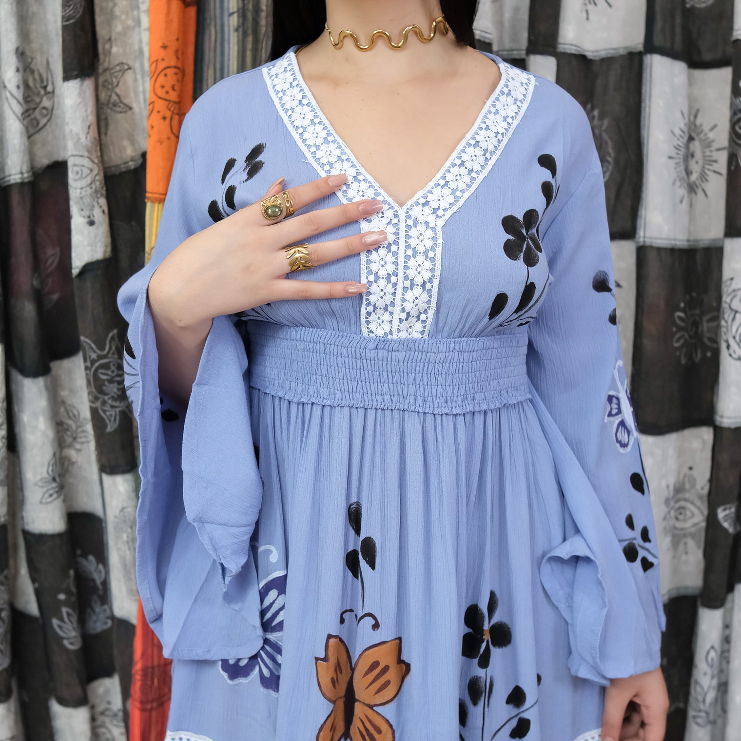 Hand Painted Butterfly Tiered Maxi Dress with Bell Sleeves