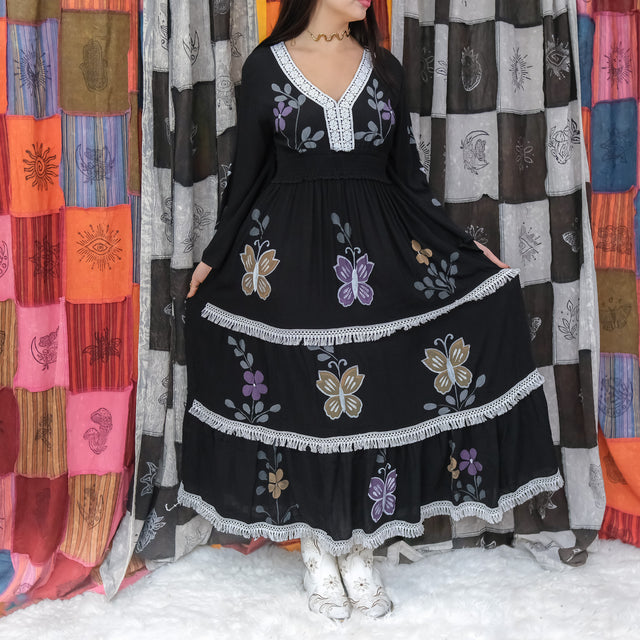 Hand Painted Butterfly Tiered Maxi Dress with Bell Sleeves