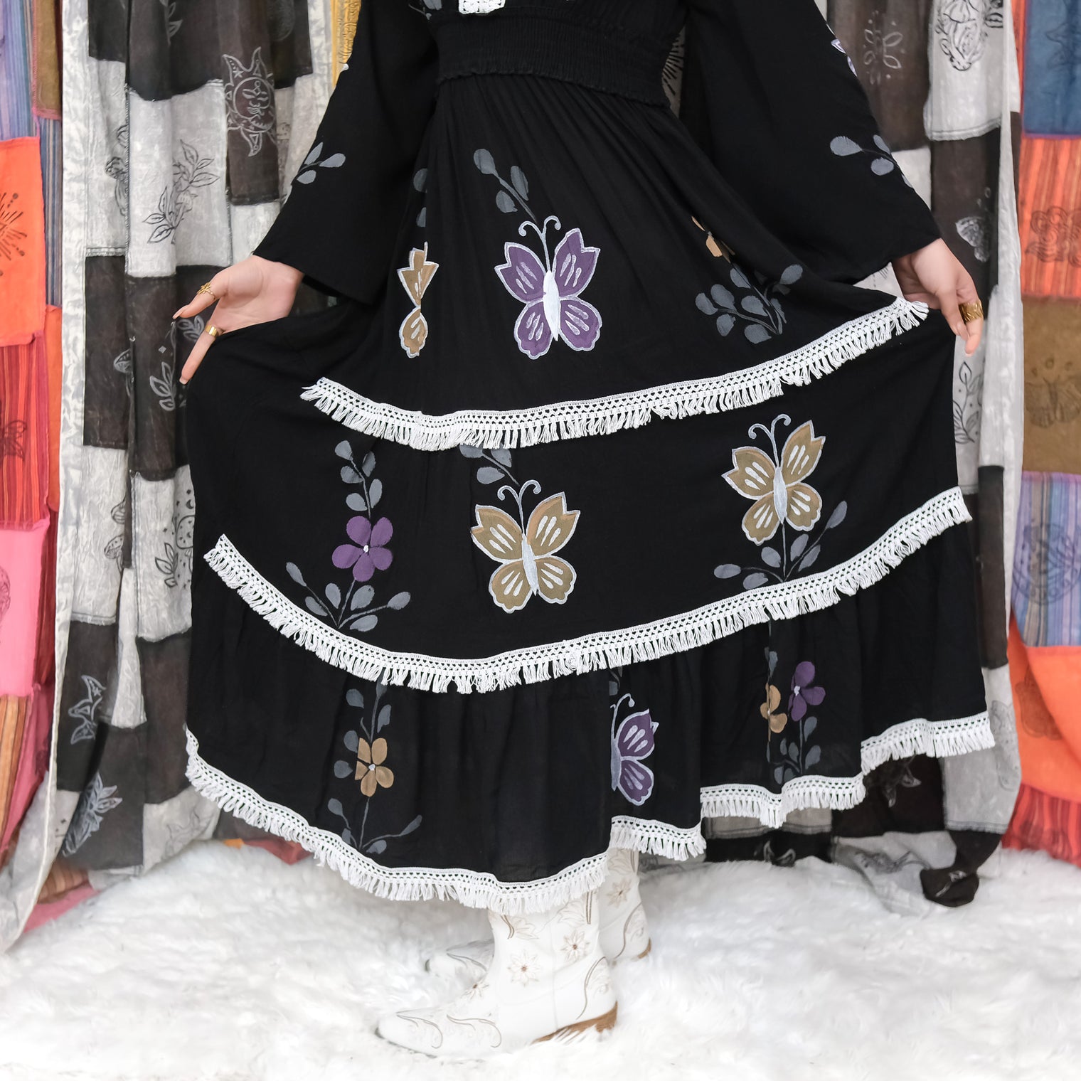 Hand Painted Butterfly Tiered Maxi Dress with Bell Sleeves
