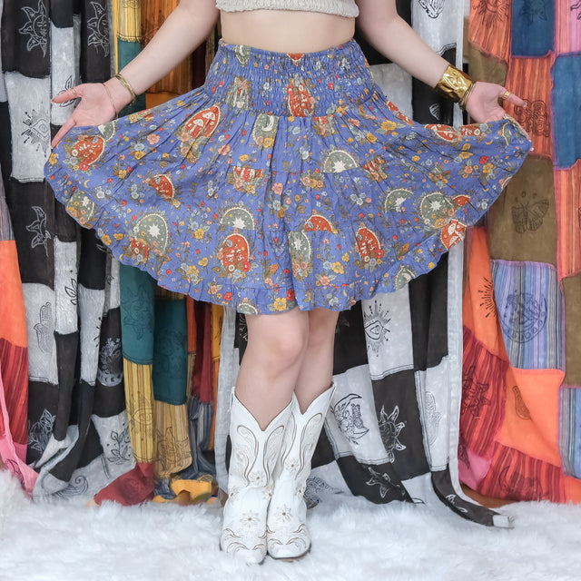 Cottagecore Mushroom & Moon Flowy Tiered Mini Skirt