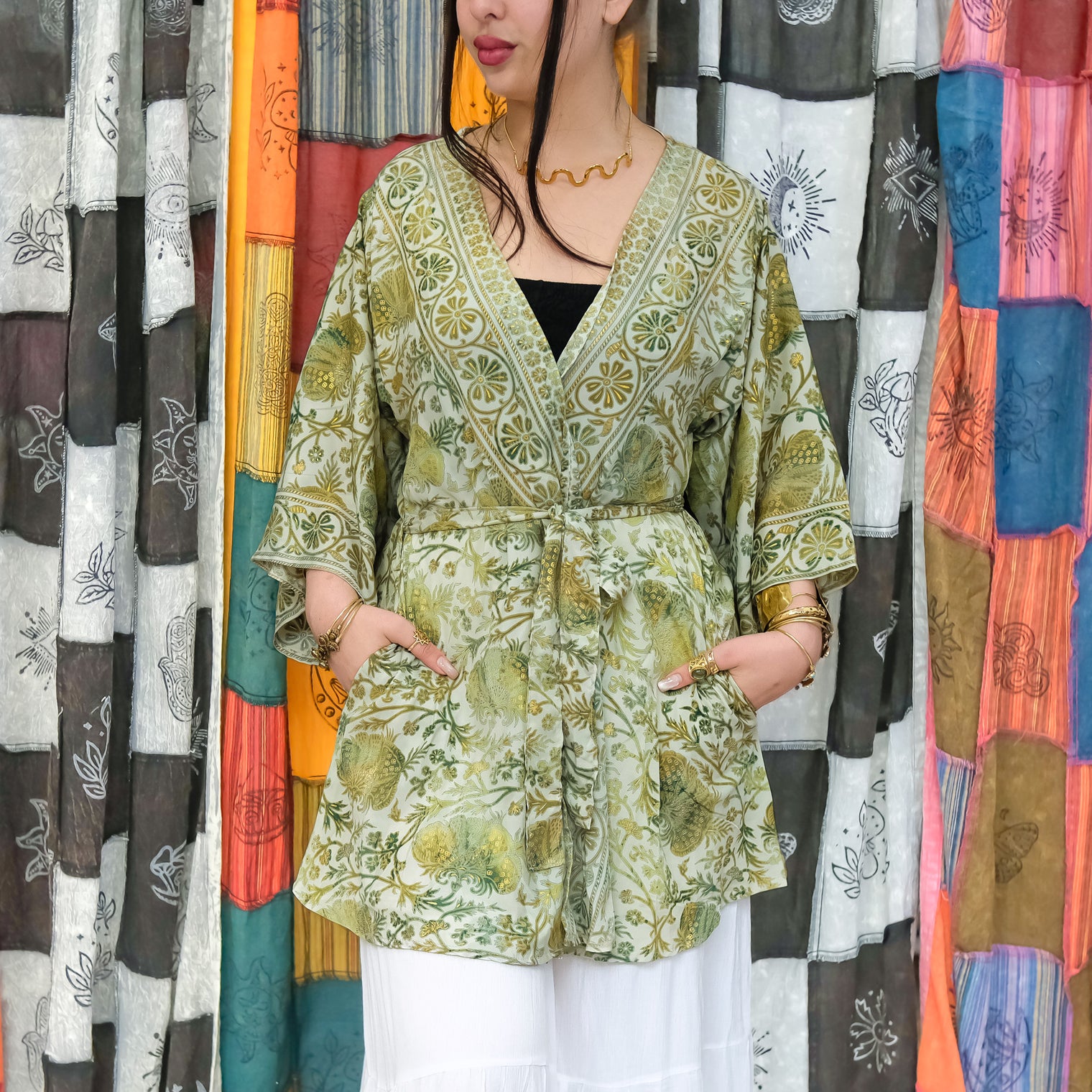 Recycled Boho Short Kimono with Pockets