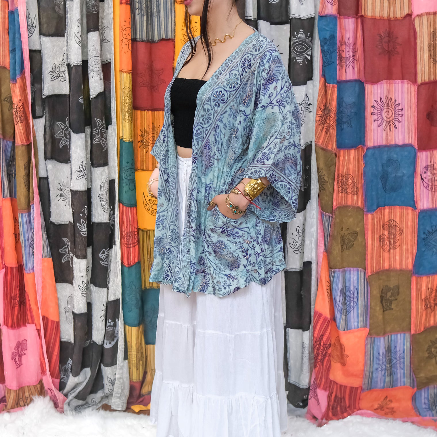 Recycled Boho Short Kimono with Pockets