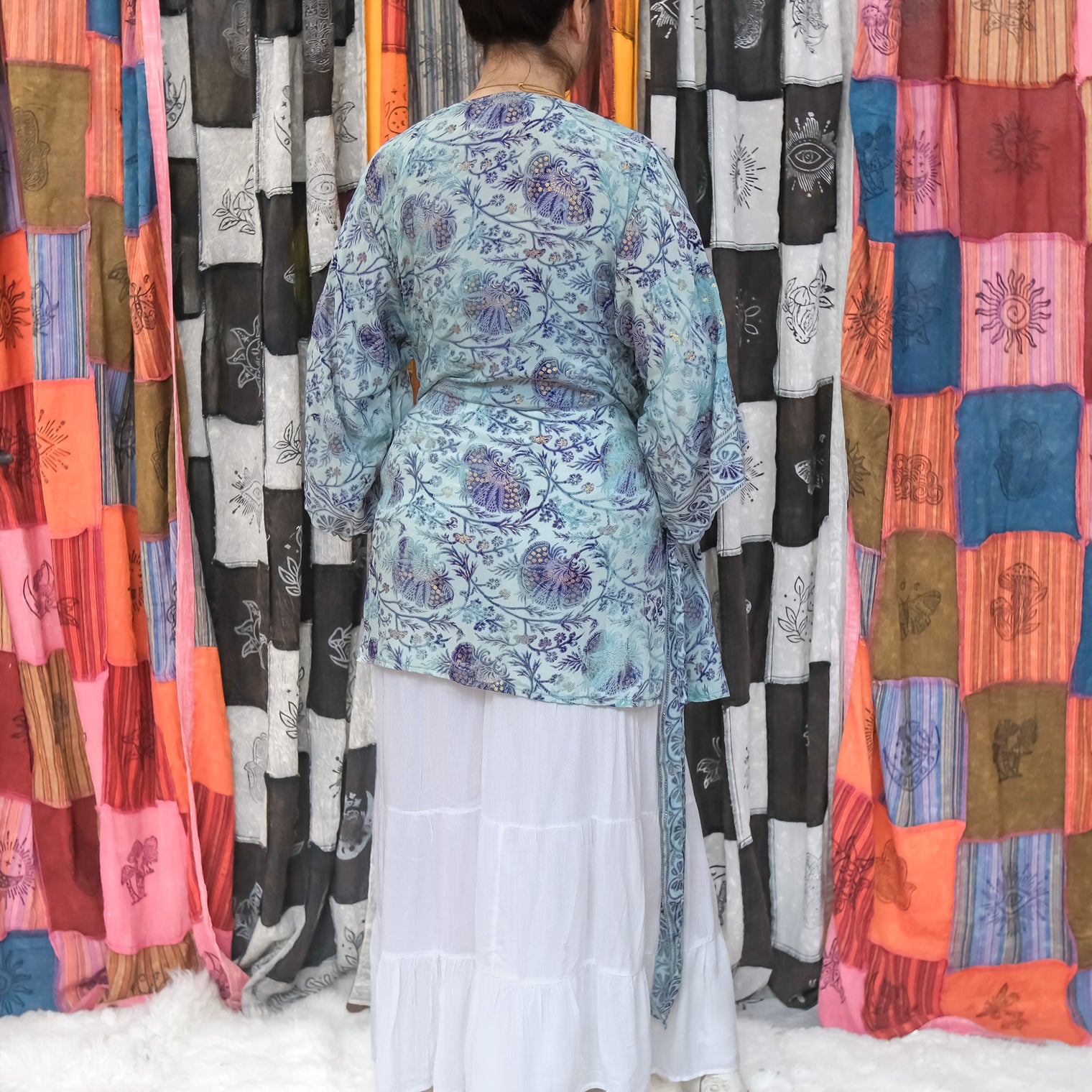 Recycled Boho Short Kimono with Pockets