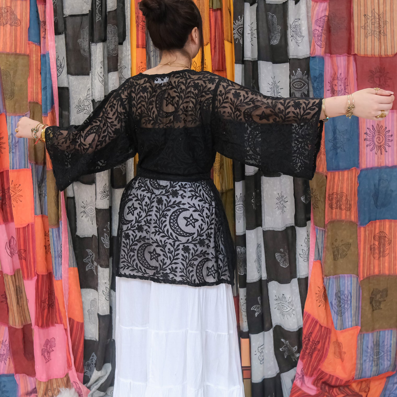 Sheer Celestial Lace Short Kimono with Pockets