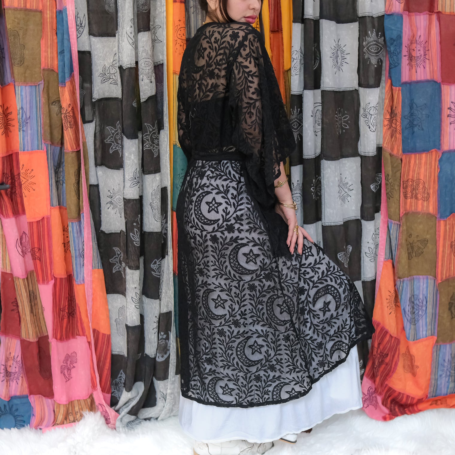 Celestial Sheer Lace Kimono with Pockets & Adjustable Tie