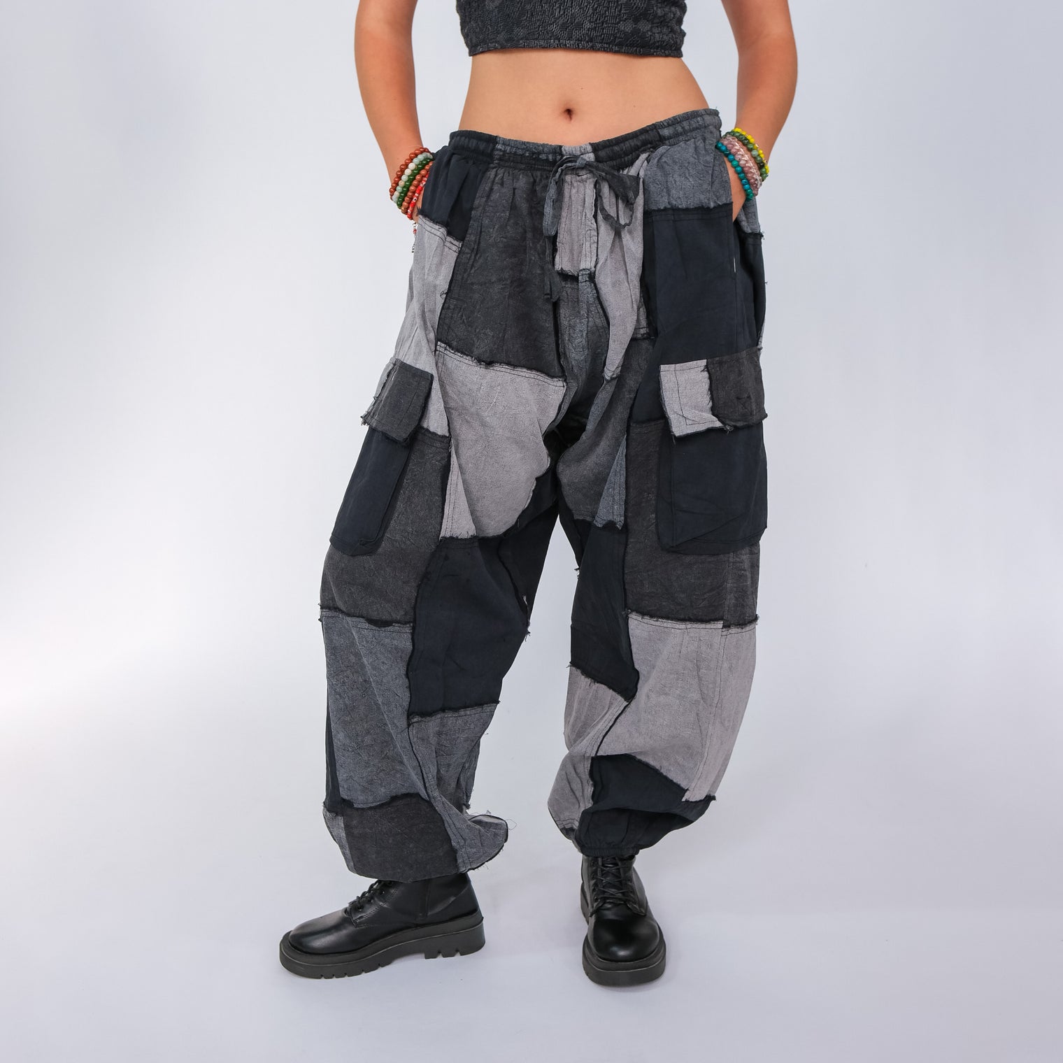 Patchwork Denim Look Earthy Baggy Pants