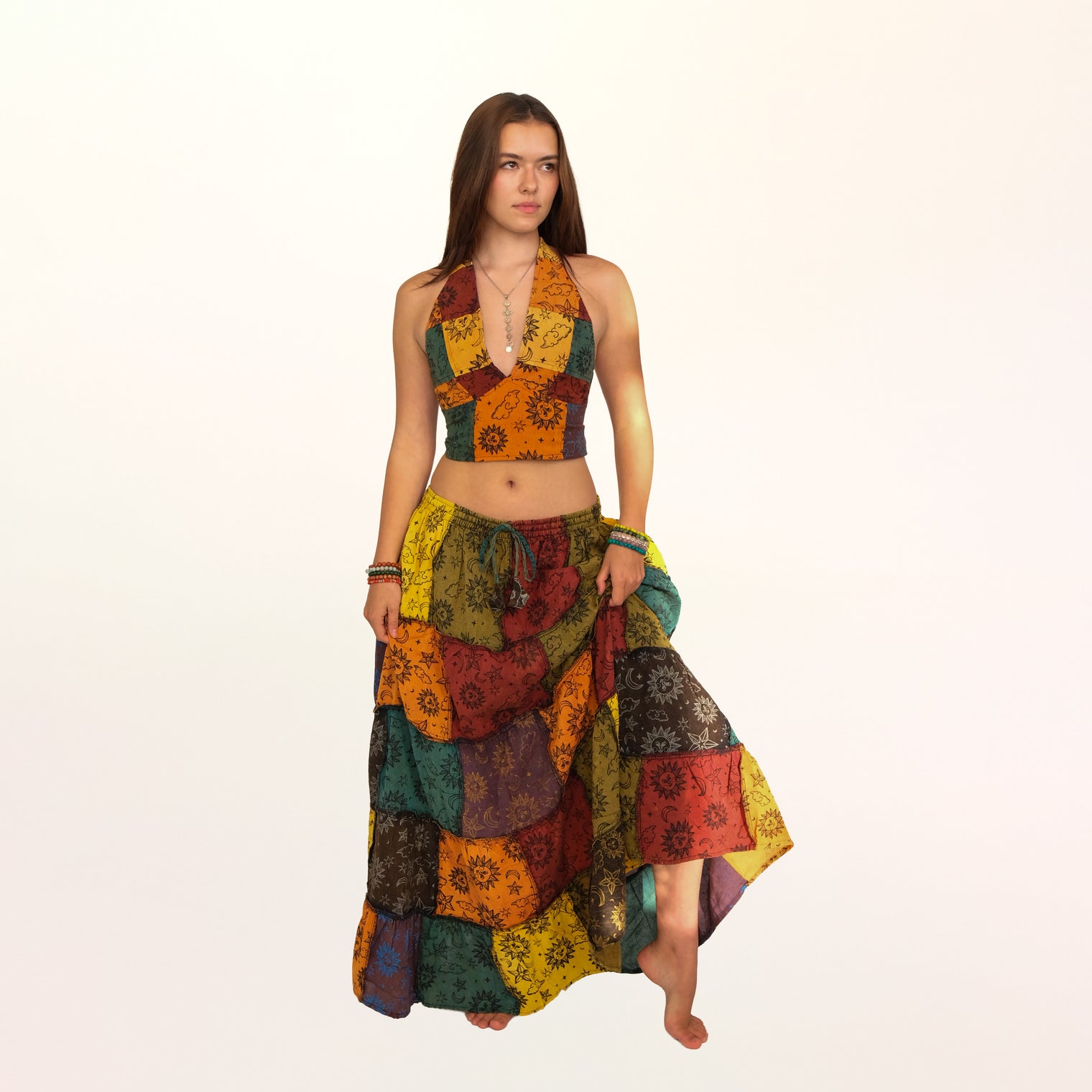Patchwork Cotton Maxi Skirt with Pockets