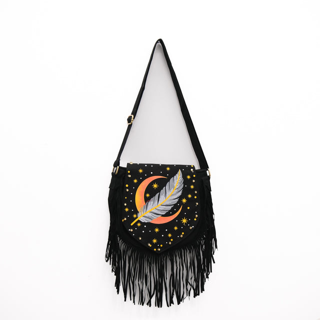 Cotton Moon & Feather Print Multi Pocket Festival Shoulder Bag with Fringe