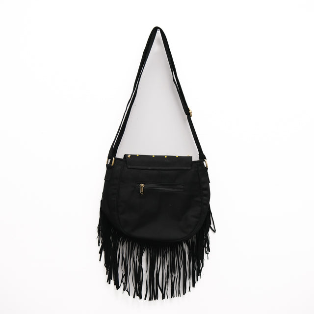 Cotton Moon & Feather Print Multi Pocket Festival Shoulder Bag with Fringe
