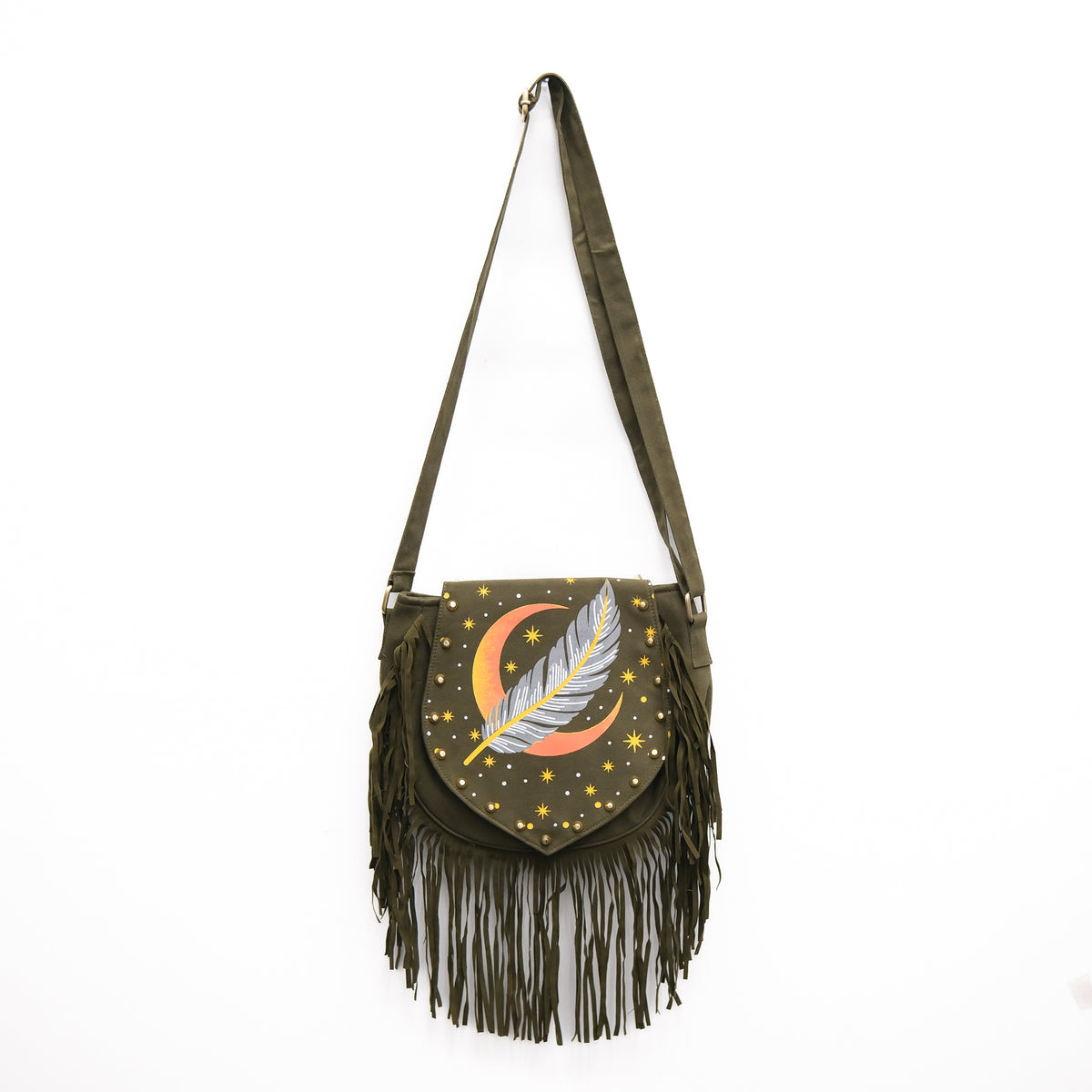 Boho Celestial Fringe Crossbody Bag | Cotton Moon & Feather 