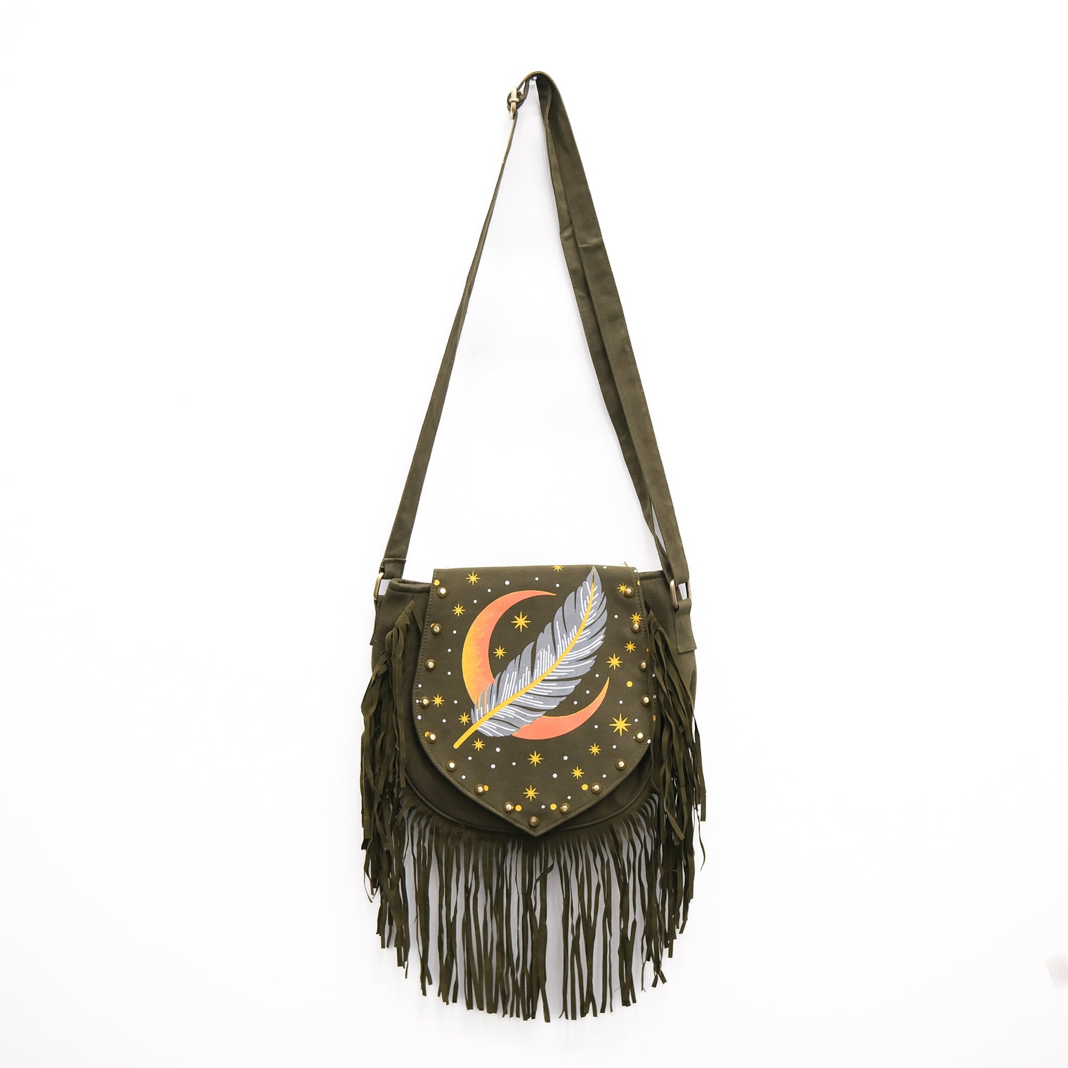 Cotton Moon & Feather Print Multi Pocket Festival Shoulder Bag with Fringe
