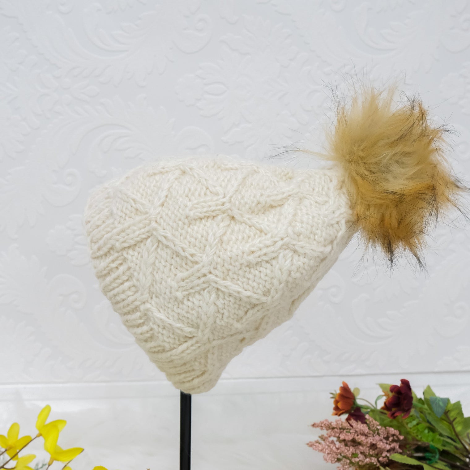Hand Knit Fleece Lined Pom Pom Hat