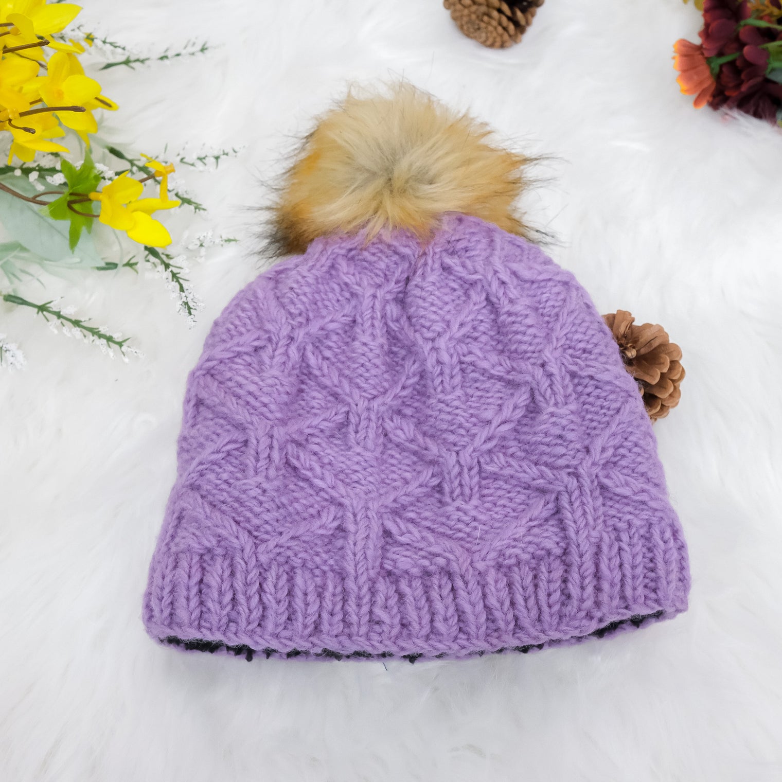 Hand Knit Fleece Lined Pom Pom Hat