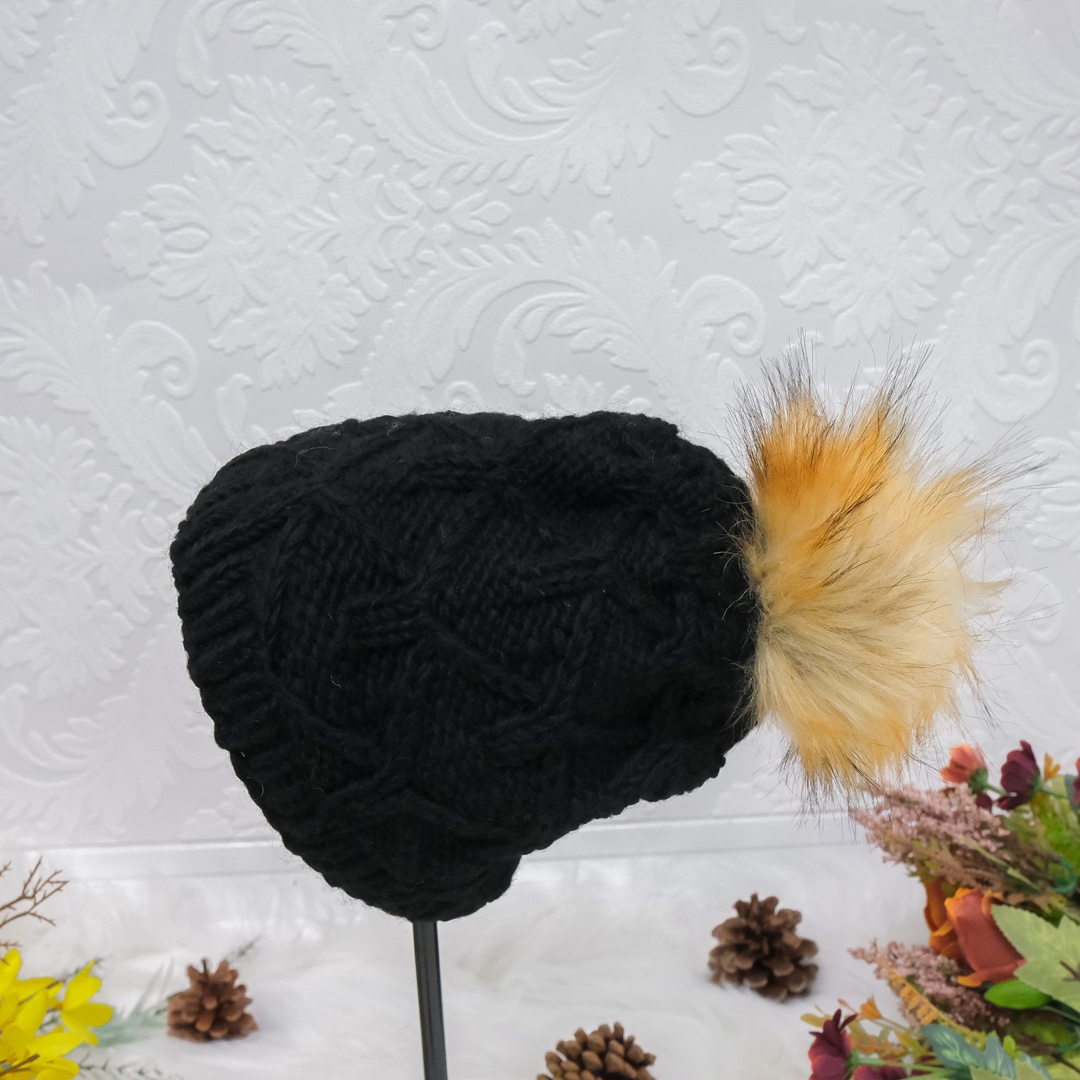 Hand Knit Fleece Lined Pom Pom Hat
