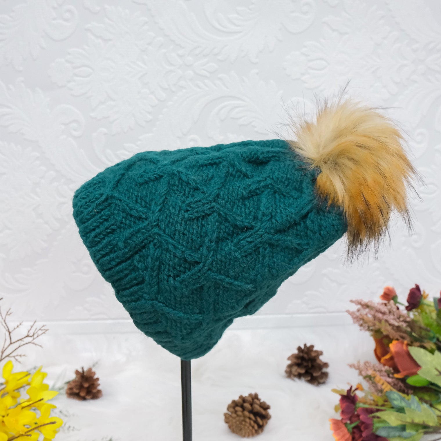 Hand Knit Fleece Lined Pom Pom Hat